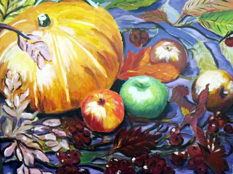 Still life with pumpkin and apples